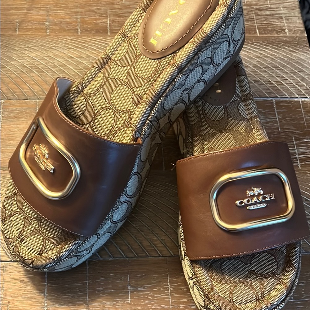 Coach Brown Leather Slide Sandals with Monogram